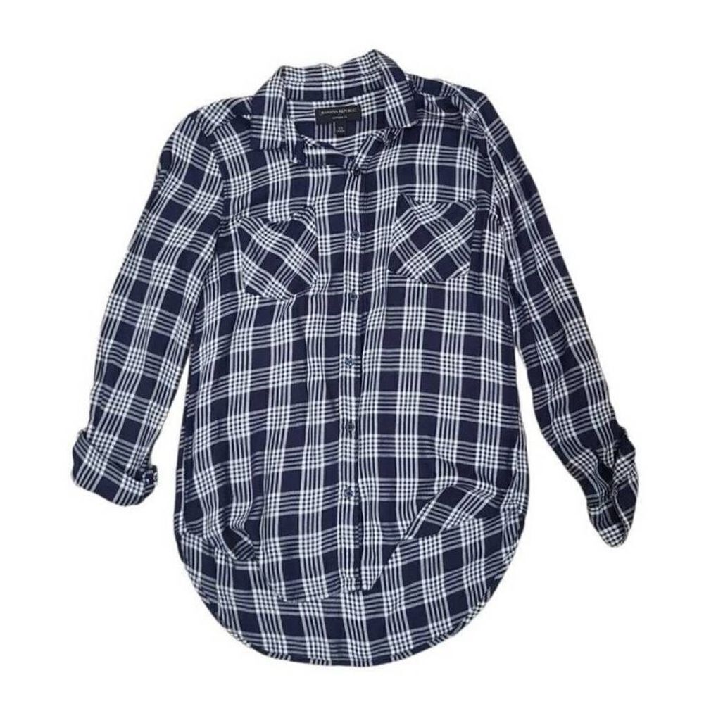 Banana Republic Blue Boyfriend Fit Plaid Flannel Button Up Top Womens XS Long Sl